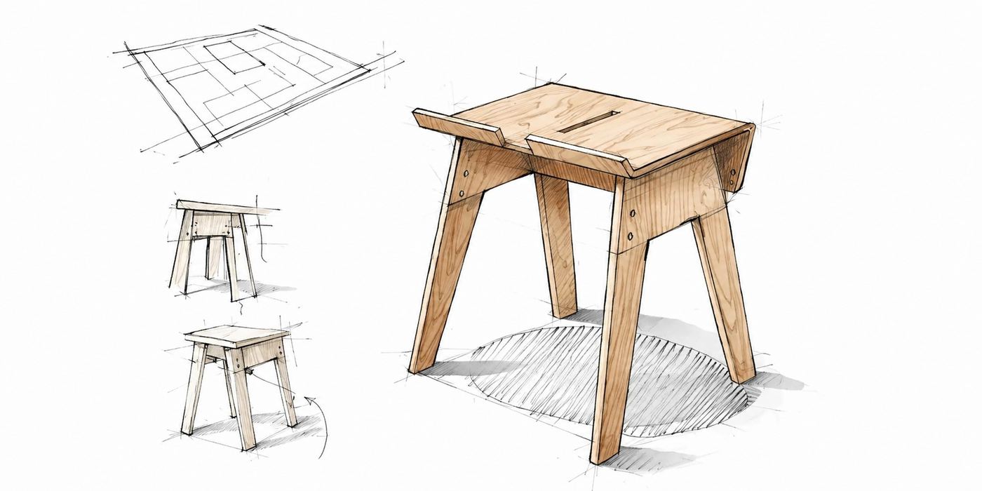 Entwurfsskizze eines Hockers für das One Sheet Furniture Lab